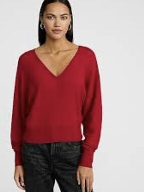cherry red Express oversized deep V-neck knitV-Neck Red Women's Sweater